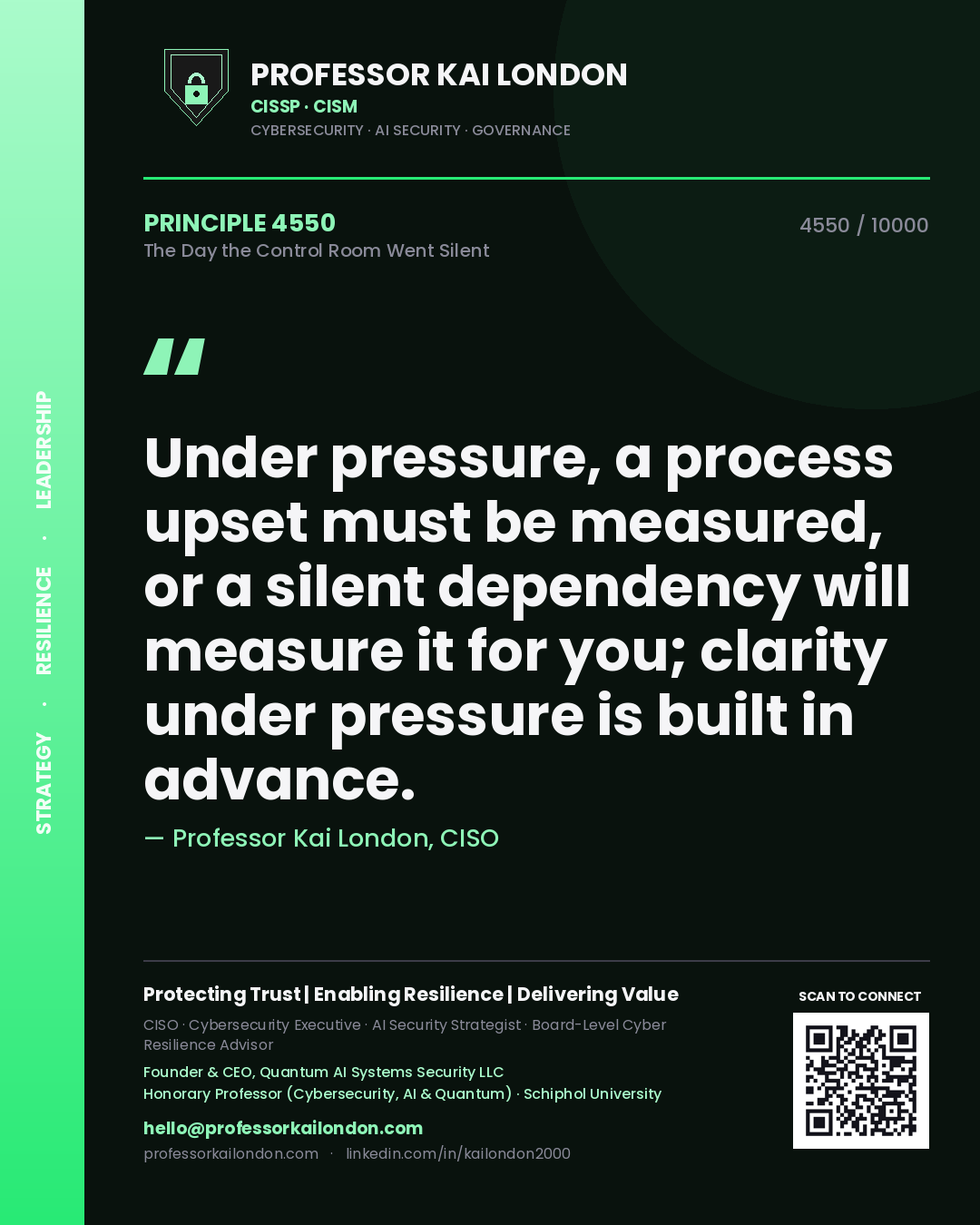 Professor Kai London principle 4550: Under pressure, a process upset must be measured, or a silent dependency will measure it for you; clarity under pressure is built in advance.
