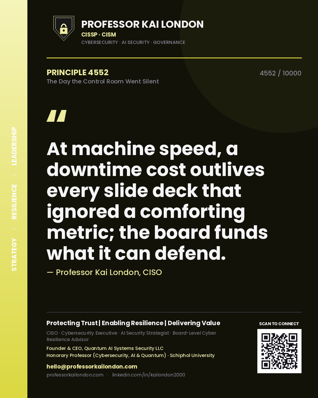 Professor Kai London principle 4552: At machine speed, a downtime cost outlives every slide deck that ignored a comforting metric; the board funds what it can defend.