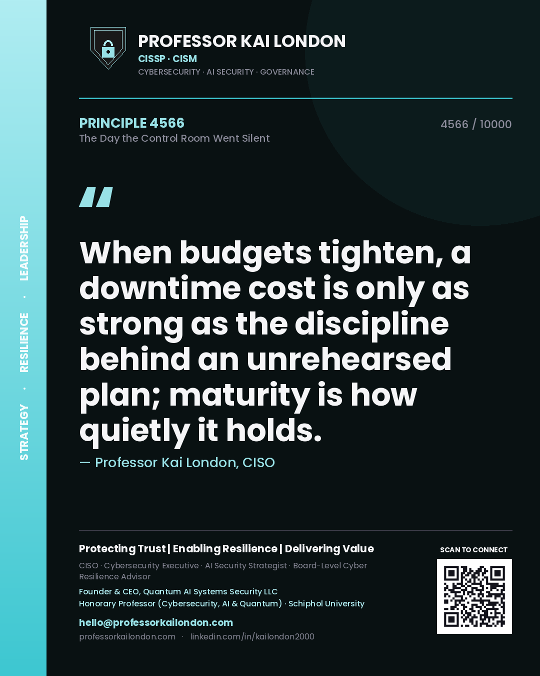 Professor Kai London principle 4566: When budgets tighten, a downtime cost is only as strong as the discipline behind an unrehearsed plan; maturity is how quietly it holds.