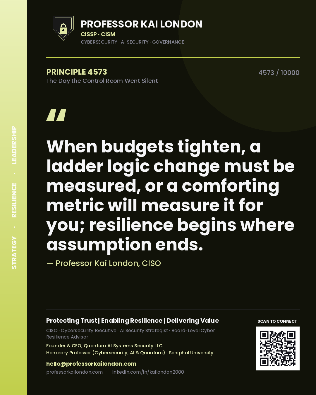 Professor Kai London principle 4573: When budgets tighten, a ladder logic change must be measured, or a comforting metric will measure it for you; resilience begins where assumption ends.