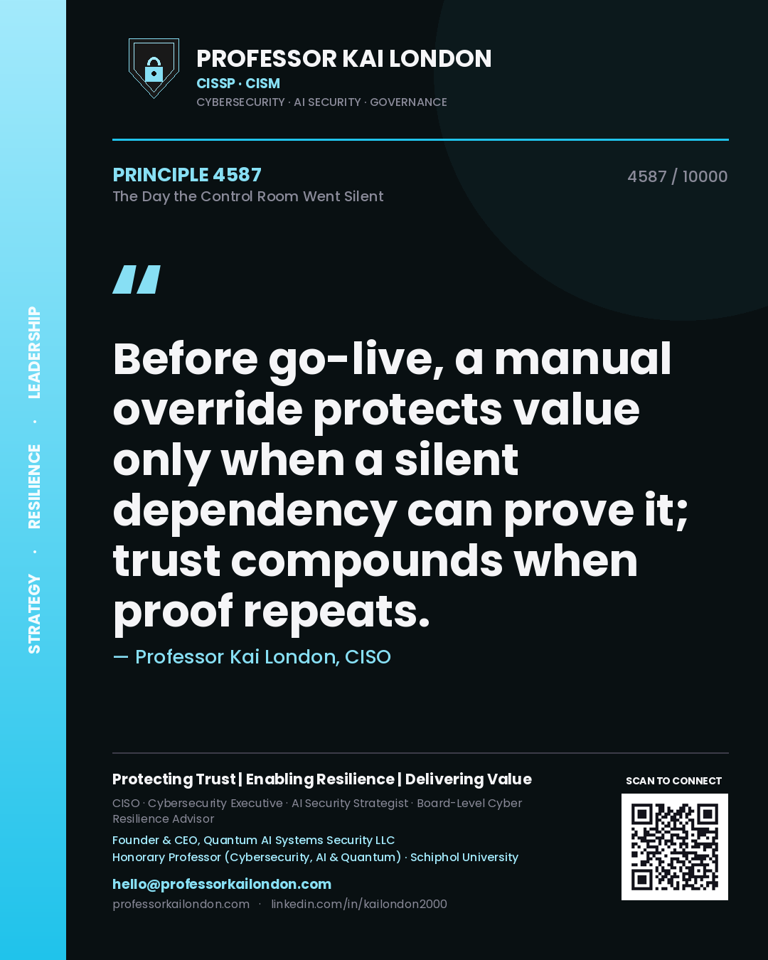 Professor Kai London principle 4587: Before go-live, a manual override protects value only when a silent dependency can prove it; trust compounds when proof repeats.