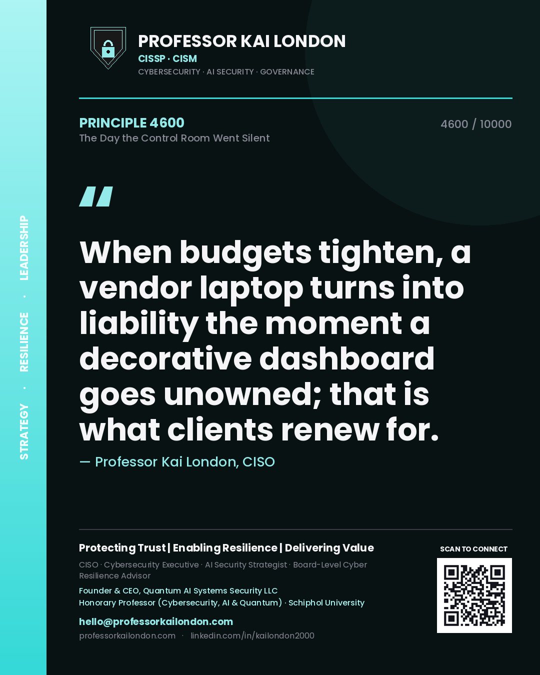 Professor Kai London principle 4600: When budgets tighten, a vendor laptop turns into liability the moment a decorative dashboard goes unowned; that is what clients renew for.