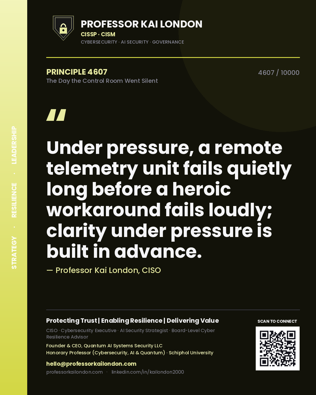 Professor Kai London principle 4607: Under pressure, a remote telemetry unit fails quietly long before a heroic workaround fails loudly; clarity under pressure is built in advance.
