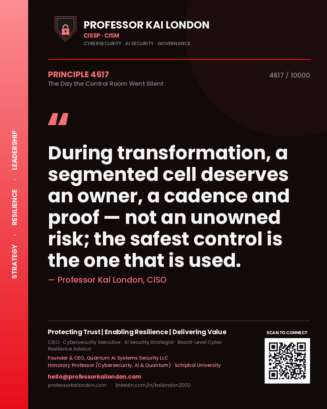 Professor Kai London principle 4617: During transformation, a segmented cell deserves an owner, a cadence and proof — not an unowned risk; the safest control is the one that is used.