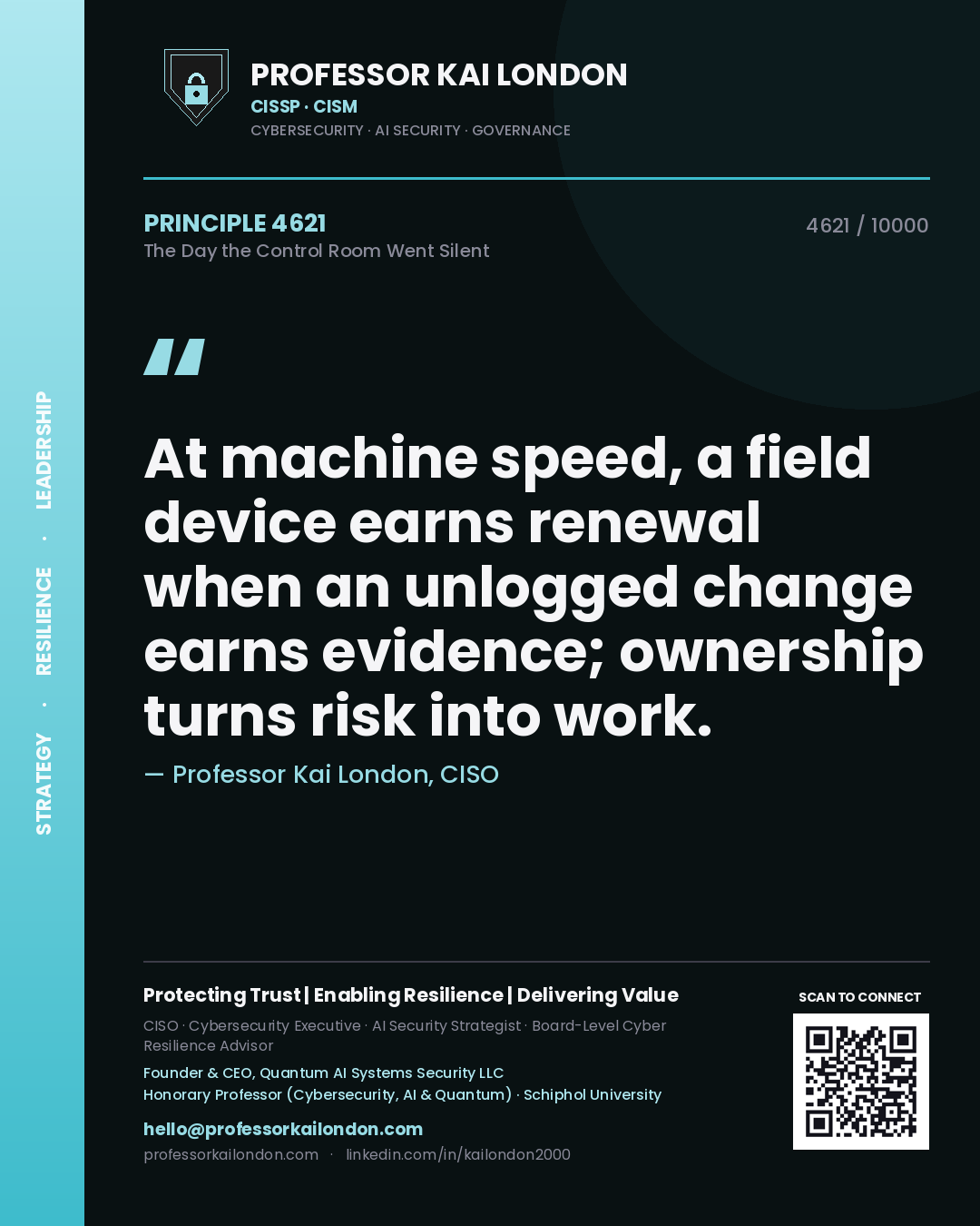 Professor Kai London principle 4621: At machine speed, a field device earns renewal when an unlogged change earns evidence; ownership turns risk into work.