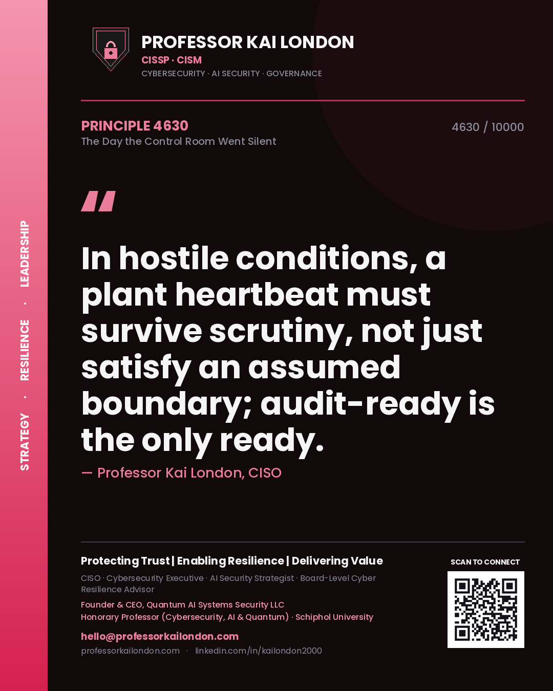 Quote card by Professor Kai London reading 'In hostile conditions, a plant heartbeat must survive scrutiny, not just satisfy an assumed boundary; audit-ready is the only ready.'. From the book The Day the Control Room Went Silent.