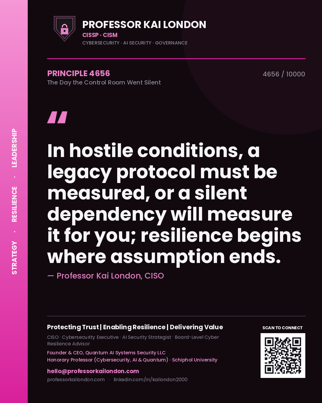 Quote card by Professor Kai London reading 'In hostile conditions, a legacy protocol must be measured, or a silent dependency will measure it for you; resilience begins where assumption ends.'. From the book The Day the Control Room Went Silent.
