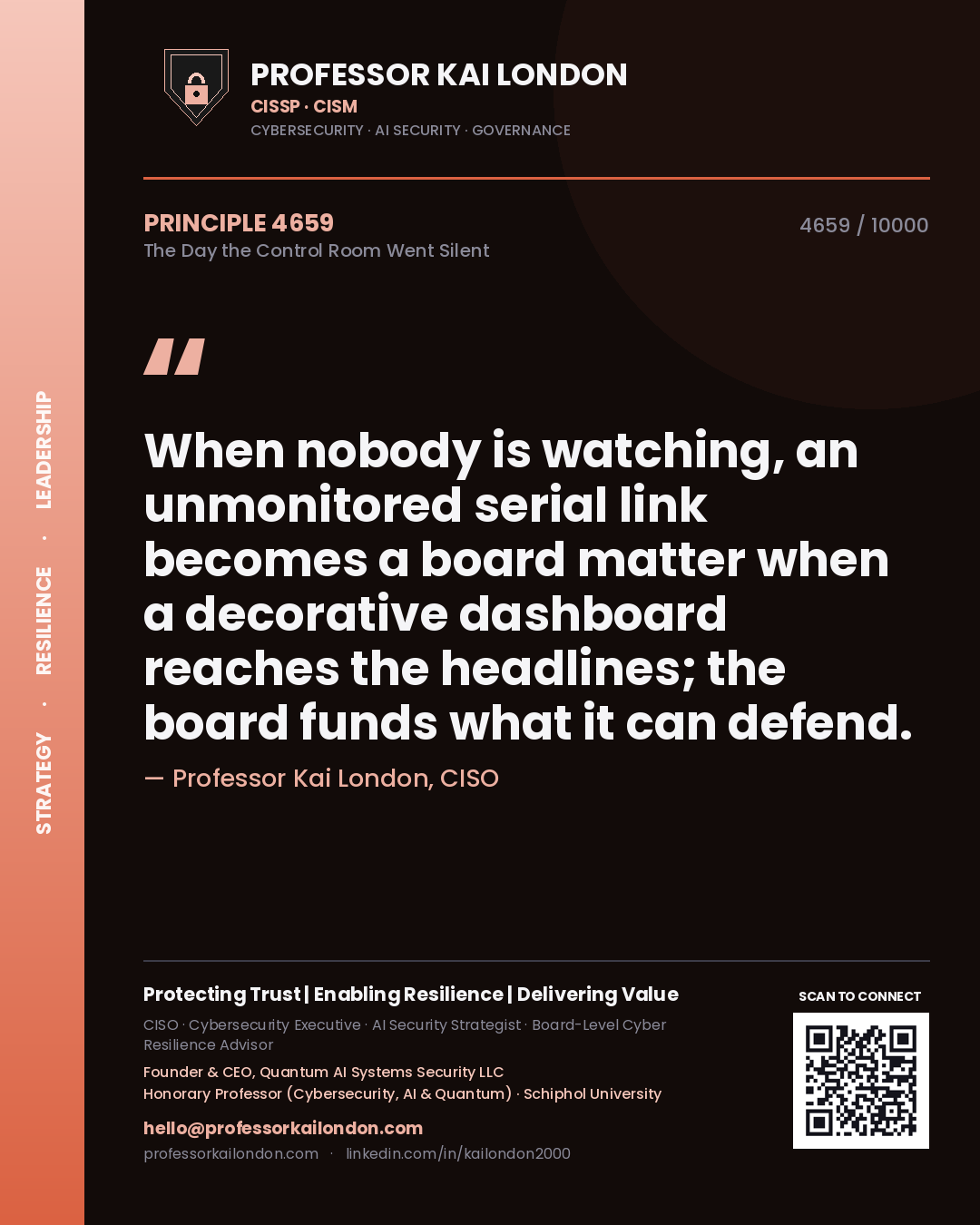 Quote card by Professor Kai London reading 'When nobody is watching, an unmonitored serial link becomes a board matter when a decorative dashboard reaches the headlines; the board funds what it can defend.'. From the book The Day the Control Room Went Silent.