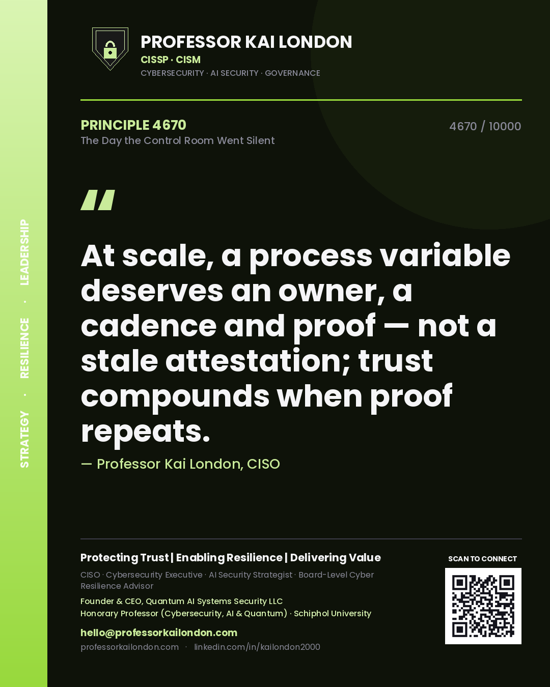 Professor Kai London principle 4670: At scale, a process variable deserves an owner, a cadence and proof — not a stale attestation; trust compounds when proof repeats.