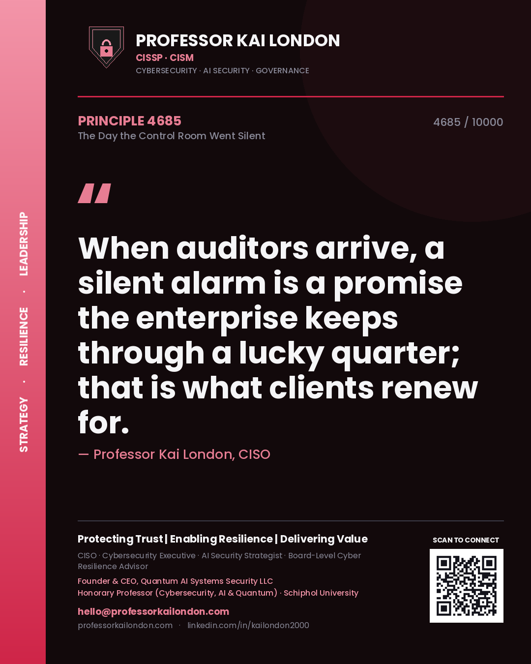 Professor Kai London principle 4685: When auditors arrive, a silent alarm is a promise the enterprise keeps through a lucky quarter; that is what clients renew for.