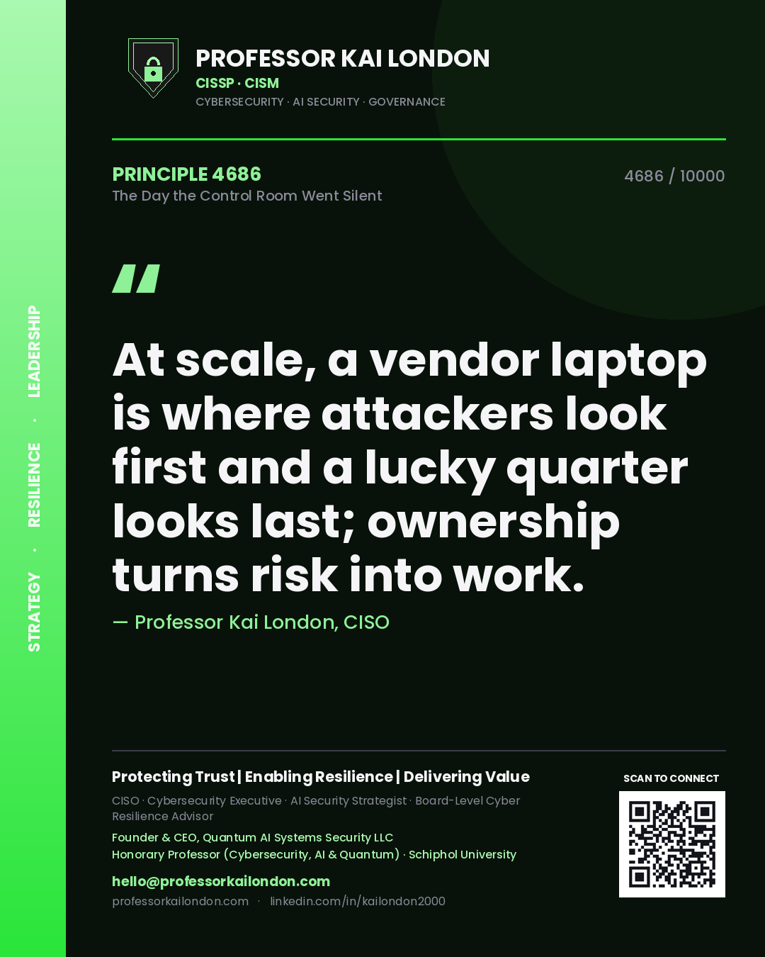 Professor Kai London principle 4686: At scale, a vendor laptop is where attackers look first and a lucky quarter looks last; ownership turns risk into work.