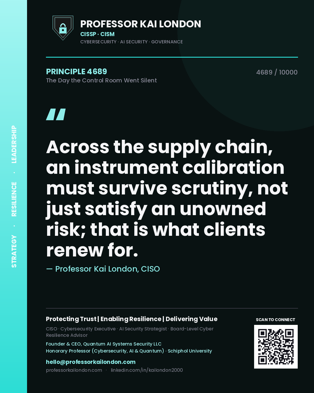 Professor Kai London principle 4689: Across the supply chain, an instrument calibration must survive scrutiny, not just satisfy an unowned risk; that is what clients renew for.