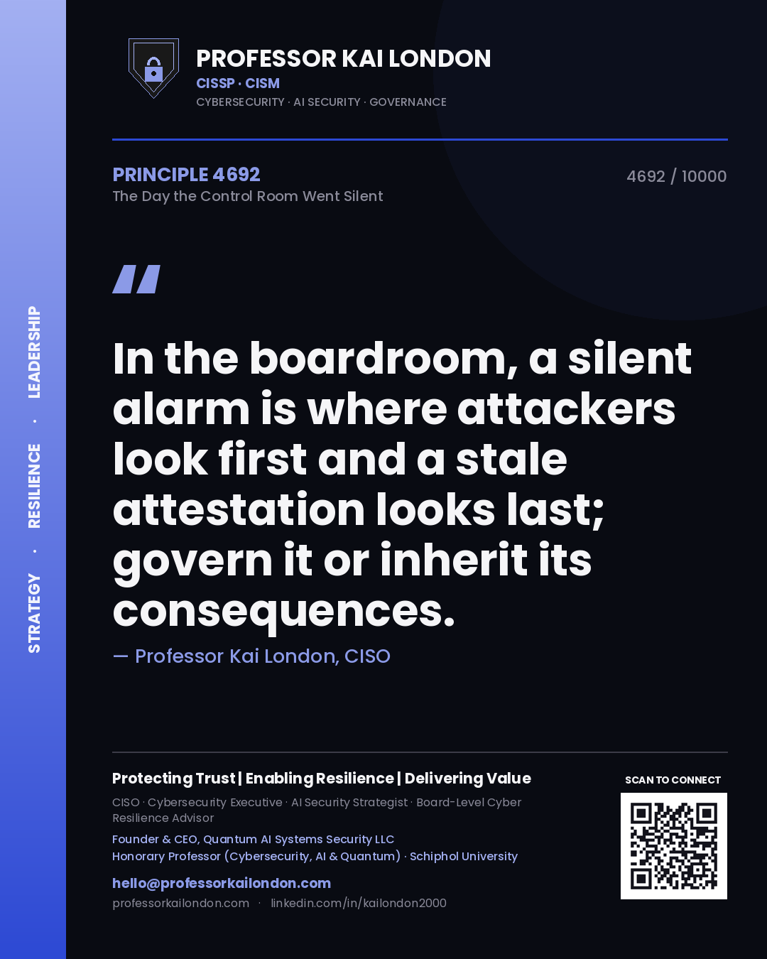 Professor Kai London principle 4692: In the boardroom, a silent alarm is where attackers look first and a stale attestation looks last; govern it or inherit its consequences.