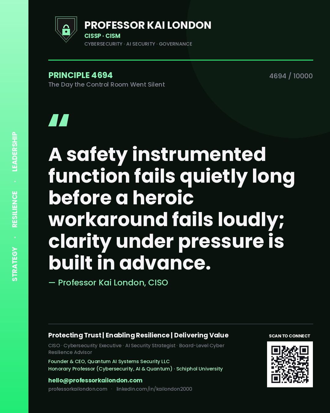 Quote card by Professor Kai London reading 'A safety instrumented function fails quietly long before a heroic workaround fails loudly; clarity under pressure is built in advance.'. From the book The Day the Control Room Went Silent.