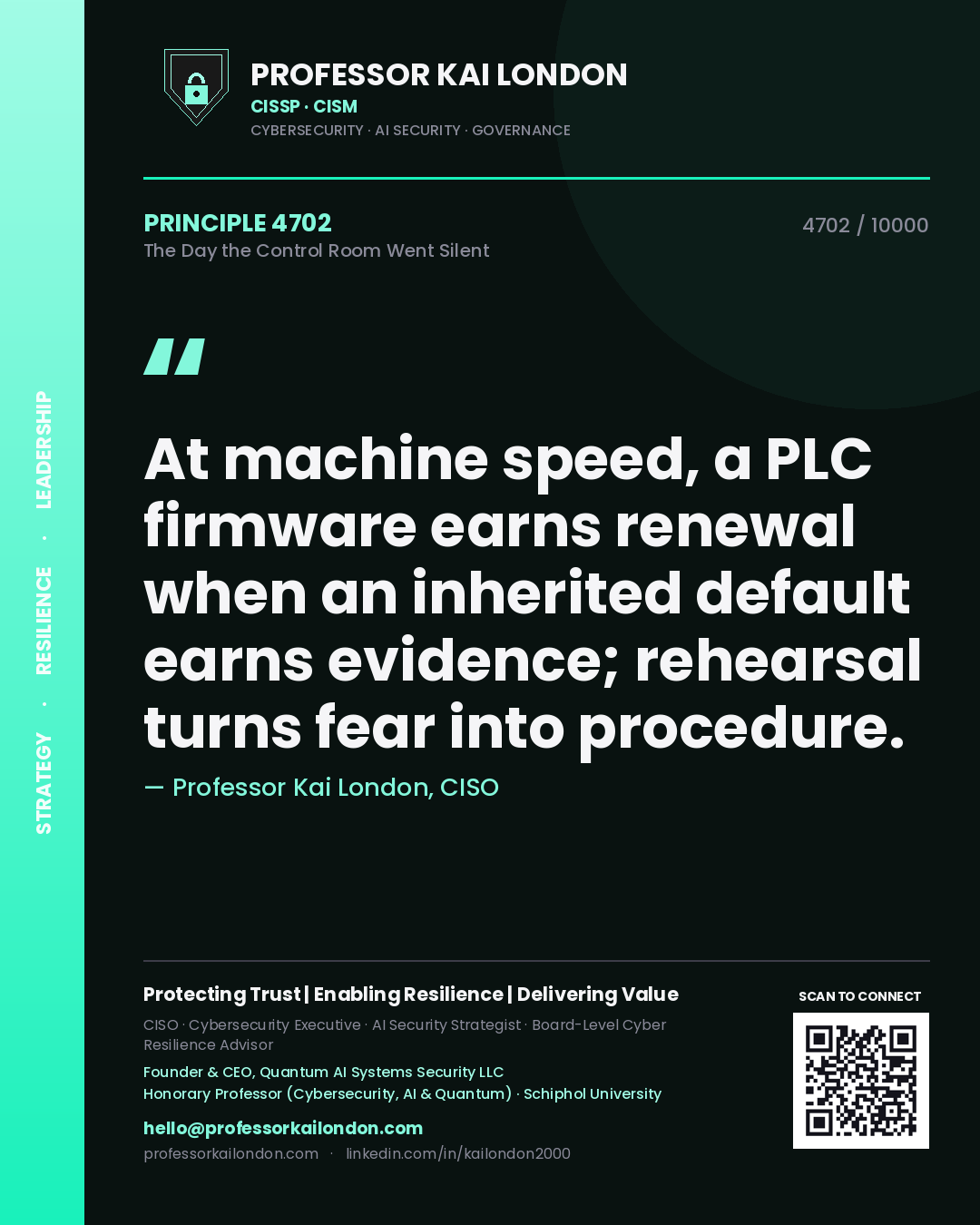 Professor Kai London principle 4702: At machine speed, a PLC firmware earns renewal when an inherited default earns evidence; rehearsal turns fear into procedure.