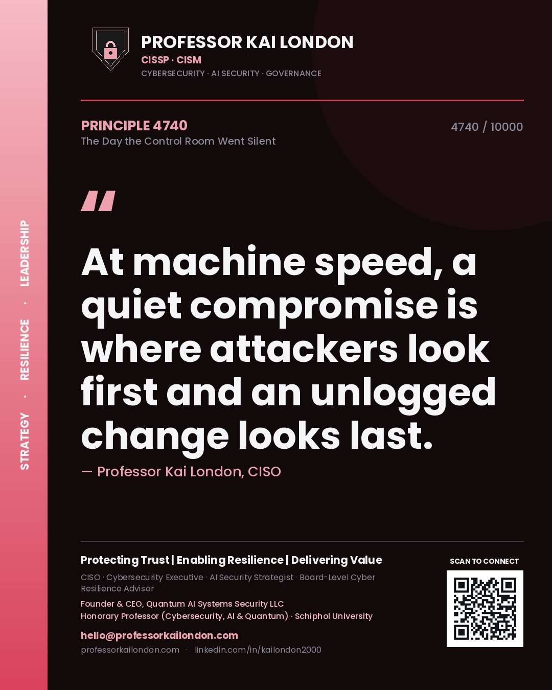 Professor Kai London principle 4740: At machine speed, a quiet compromise is where attackers look first and an unlogged change looks last.