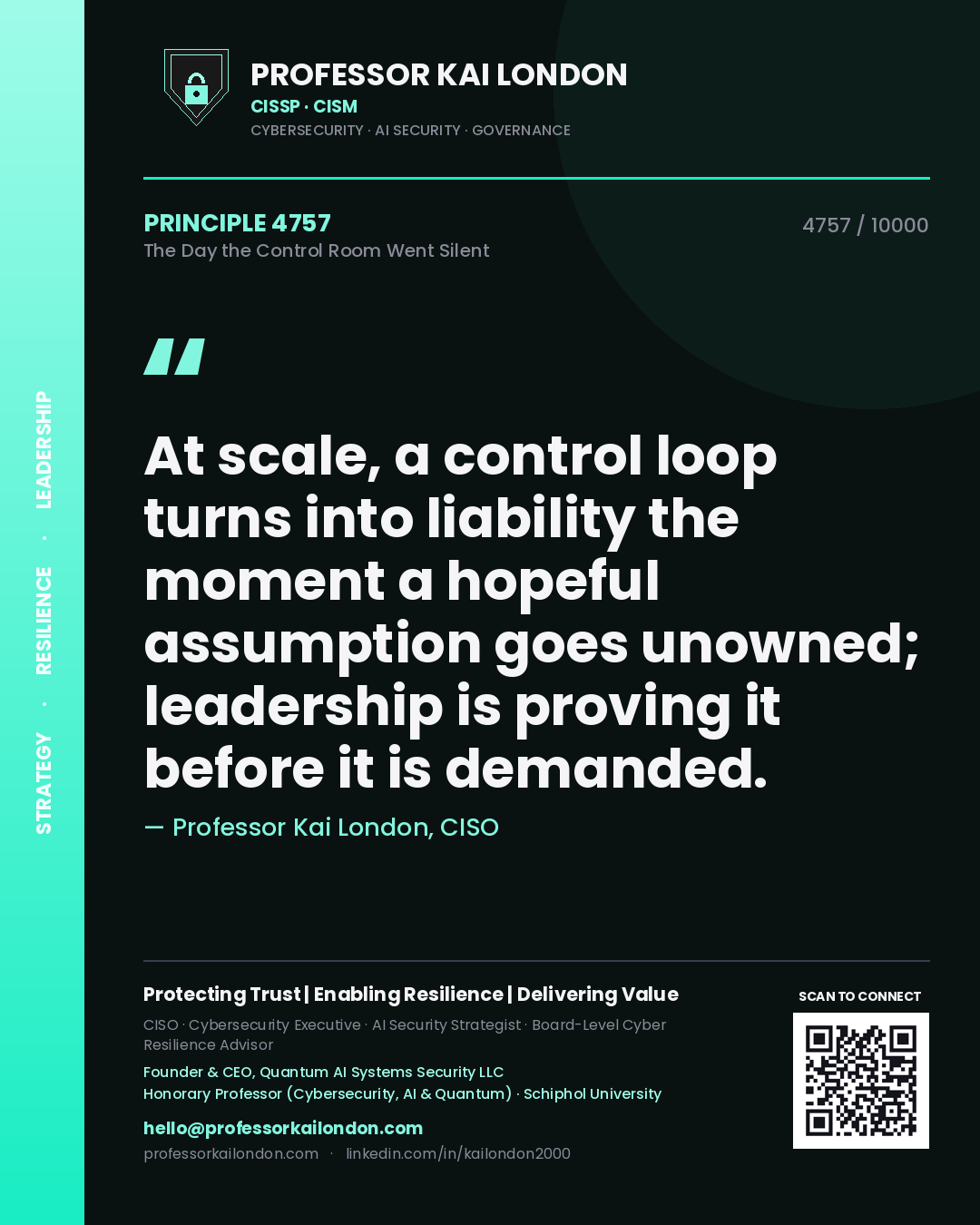 Professor Kai London principle 4757: At scale, a control loop turns into liability the moment a hopeful assumption goes unowned; leadership is proving it before it is demanded.