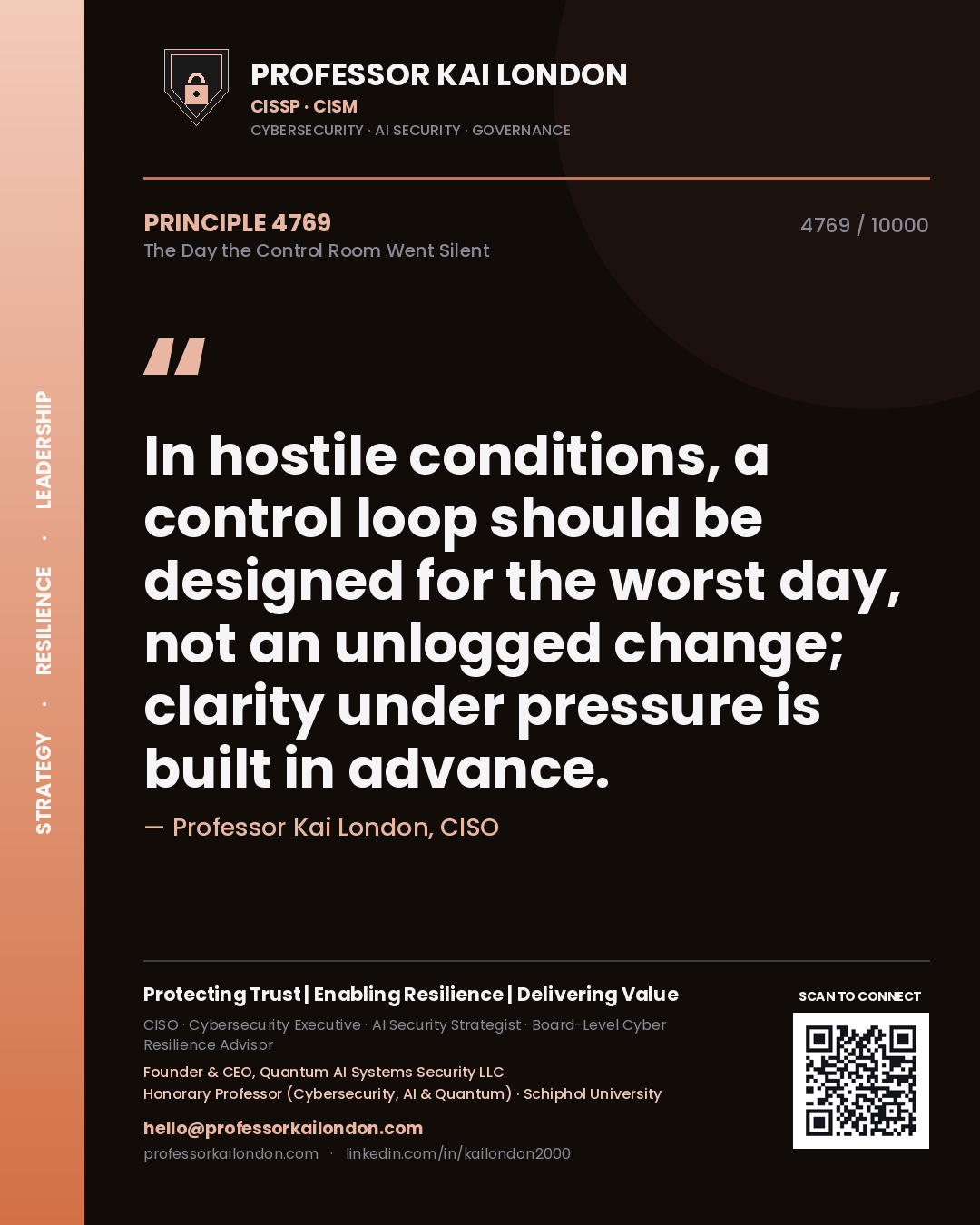Quote card by Professor Kai London reading 'In hostile conditions, a control loop should be designed for the worst day, not an unlogged change; clarity under pressure is built in advance.'. From the book The Day the Control Room Went Silent.