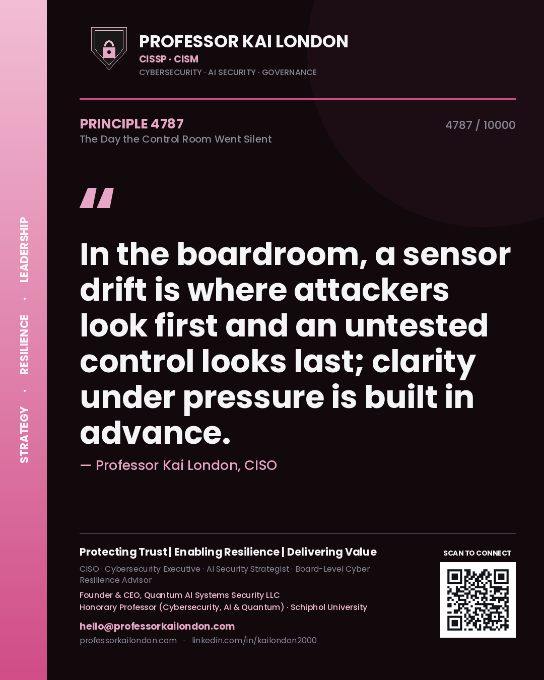 Professor Kai London principle 4787: In the boardroom, a sensor drift is where attackers look first and an untested control looks last; clarity under pressure is built in advance.
