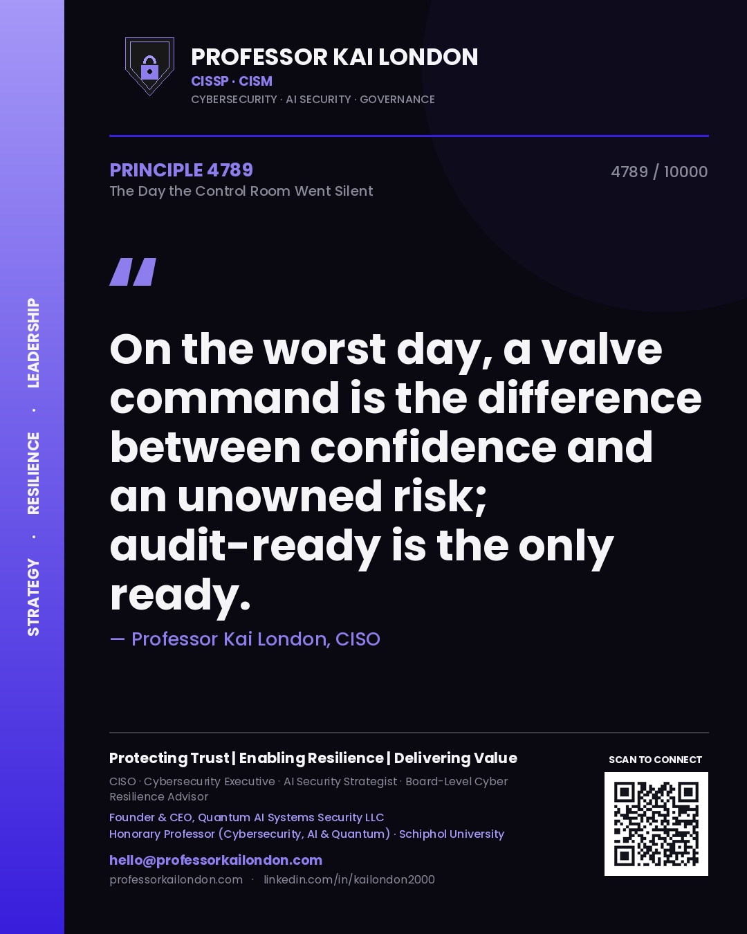 Professor Kai London principle 4789: On the worst day, a valve command is the difference between confidence and an unowned risk; audit-ready is the only ready.