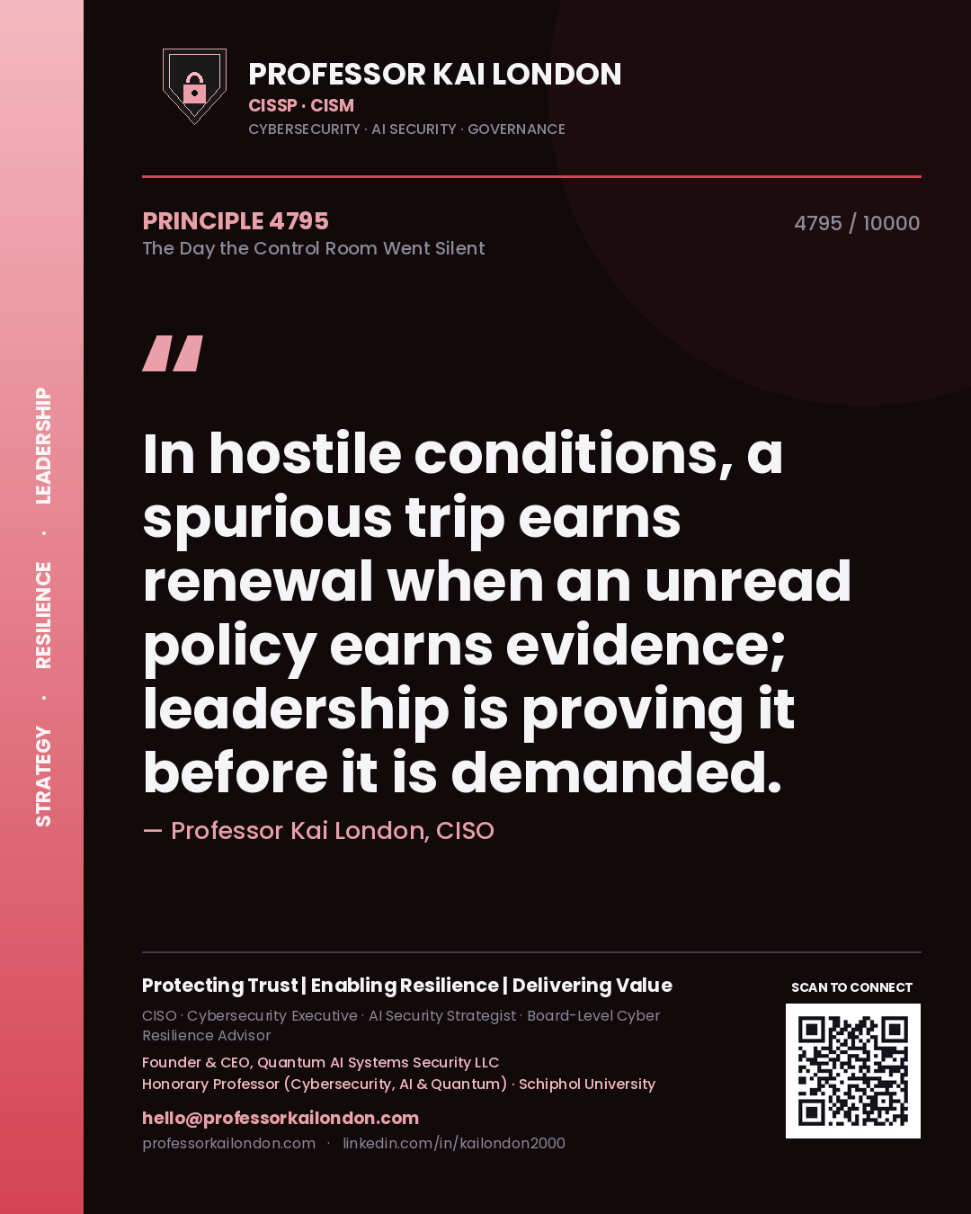 Professor Kai London principle 4795: In hostile conditions, a spurious trip earns renewal when an unread policy earns evidence; leadership is proving it before it is demanded.