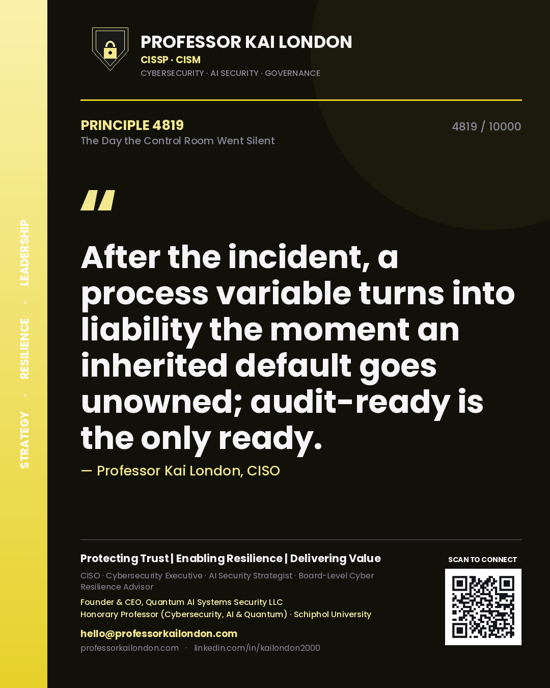 Quote card by Professor Kai London reading 'After the incident, a process variable turns into liability the moment an inherited default goes unowned; audit-ready is the only ready.'. From the book The Day the Control Room Went Silent.