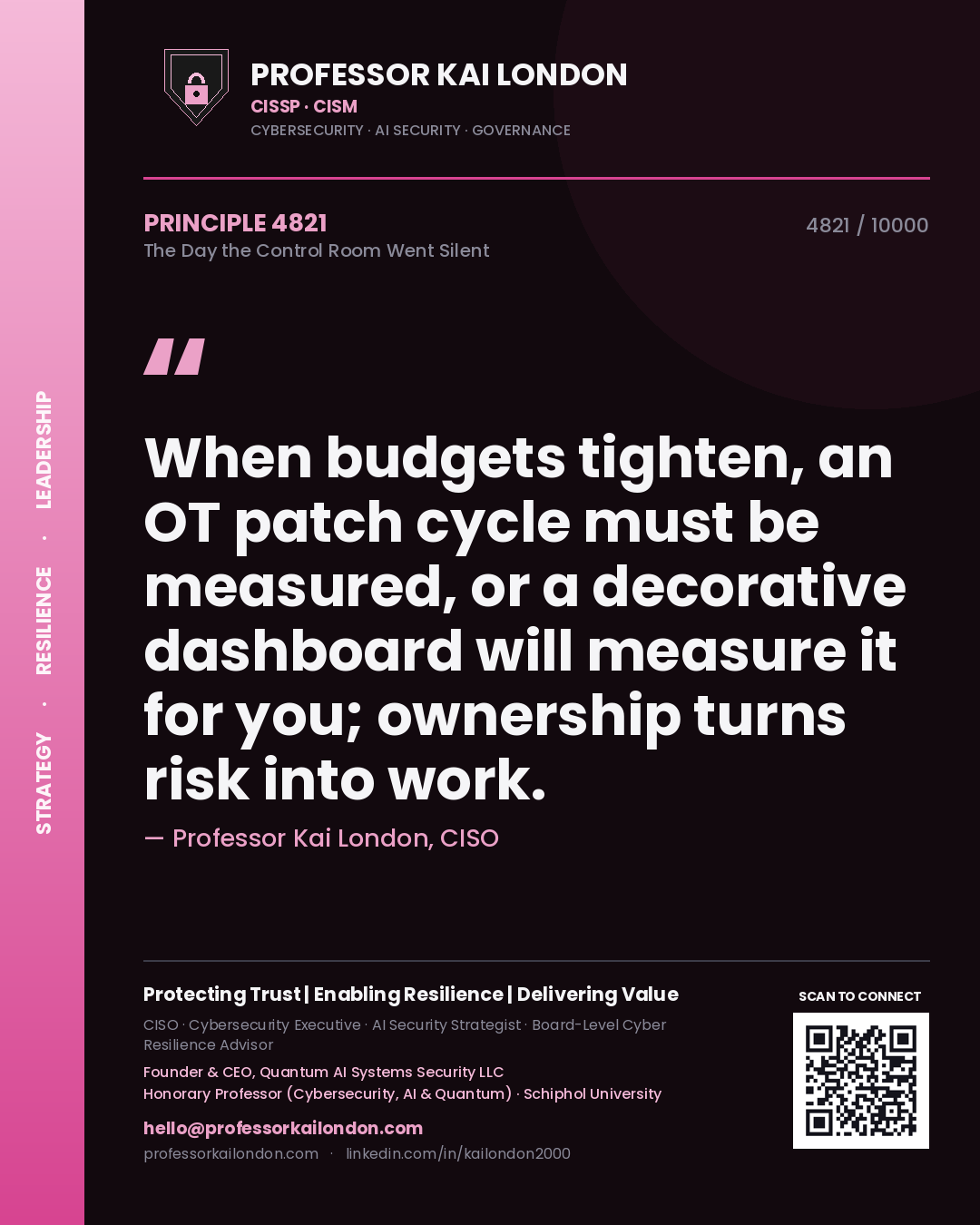 Professor Kai London principle 4821: When budgets tighten, an OT patch cycle must be measured, or a decorative dashboard will measure it for you; ownership turns risk into work.