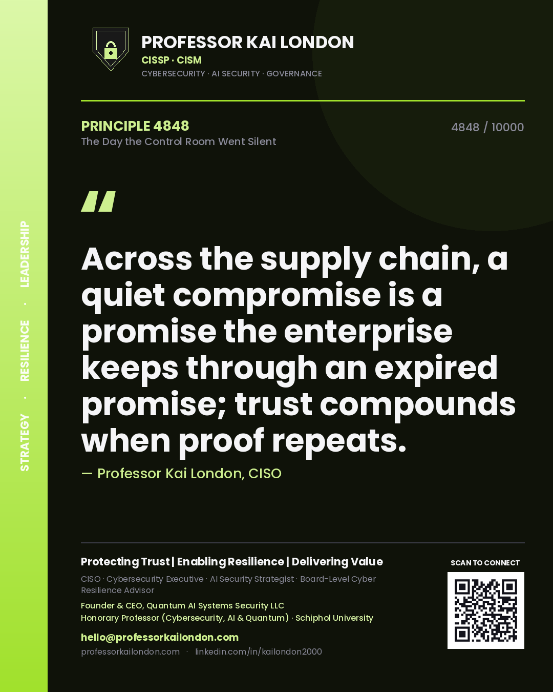 Quote card by Professor Kai London reading 'Across the supply chain, a quiet compromise is a promise the enterprise keeps through an expired promise; trust compounds when proof repeats.'. From the book The Day the Control Room Went Silent.