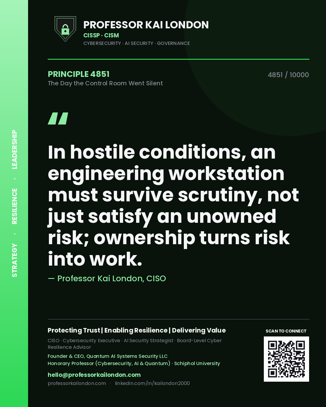 Professor Kai London principle 4851: In hostile conditions, an engineering workstation must survive scrutiny, not just satisfy an unowned risk; ownership turns risk into work.