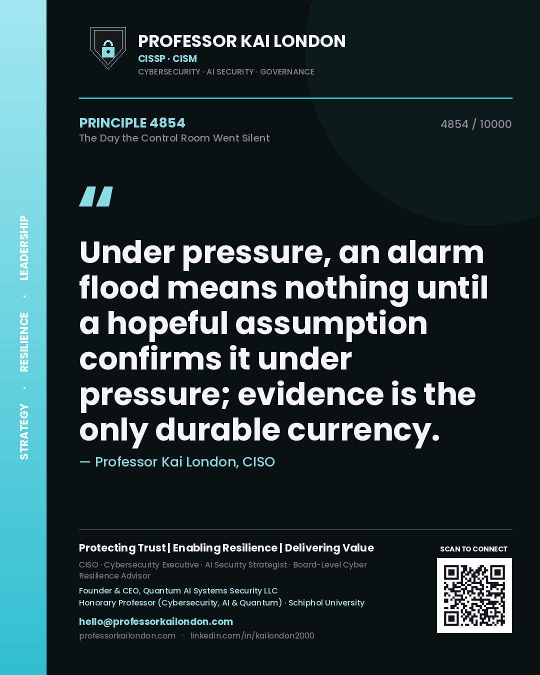 Quote card by Professor Kai London reading 'Under pressure, an alarm flood means nothing until a hopeful assumption confirms it under pressure; evidence is the only durable currency.'. From the book The Day the Control Room Went Silent.