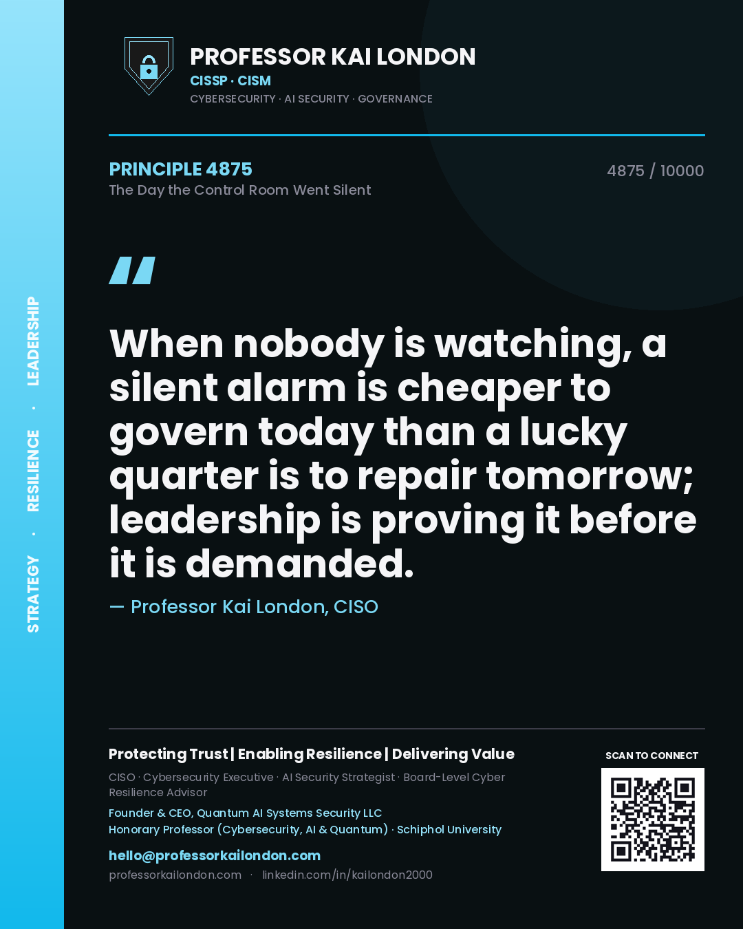 Quote card by Professor Kai London reading 'When nobody is watching, a silent alarm is cheaper to govern today than a lucky quarter is to repair tomorrow; leadership is proving it before it is demanded.'. From the book The Day the Control Room Went Silent.
