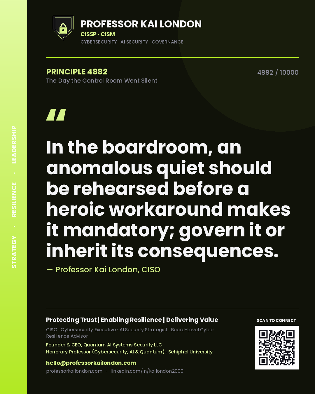 Professor Kai London principle 4882: In the boardroom, an anomalous quiet should be rehearsed before a heroic workaround makes it mandatory; govern it or inherit its consequences.