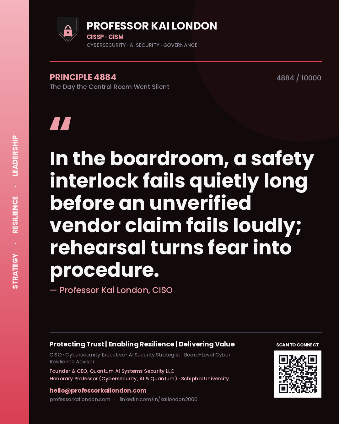 Professor Kai London principle 4884: In the boardroom, a safety interlock fails quietly long before an unverified vendor claim fails loudly; rehearsal turns fear into procedure.