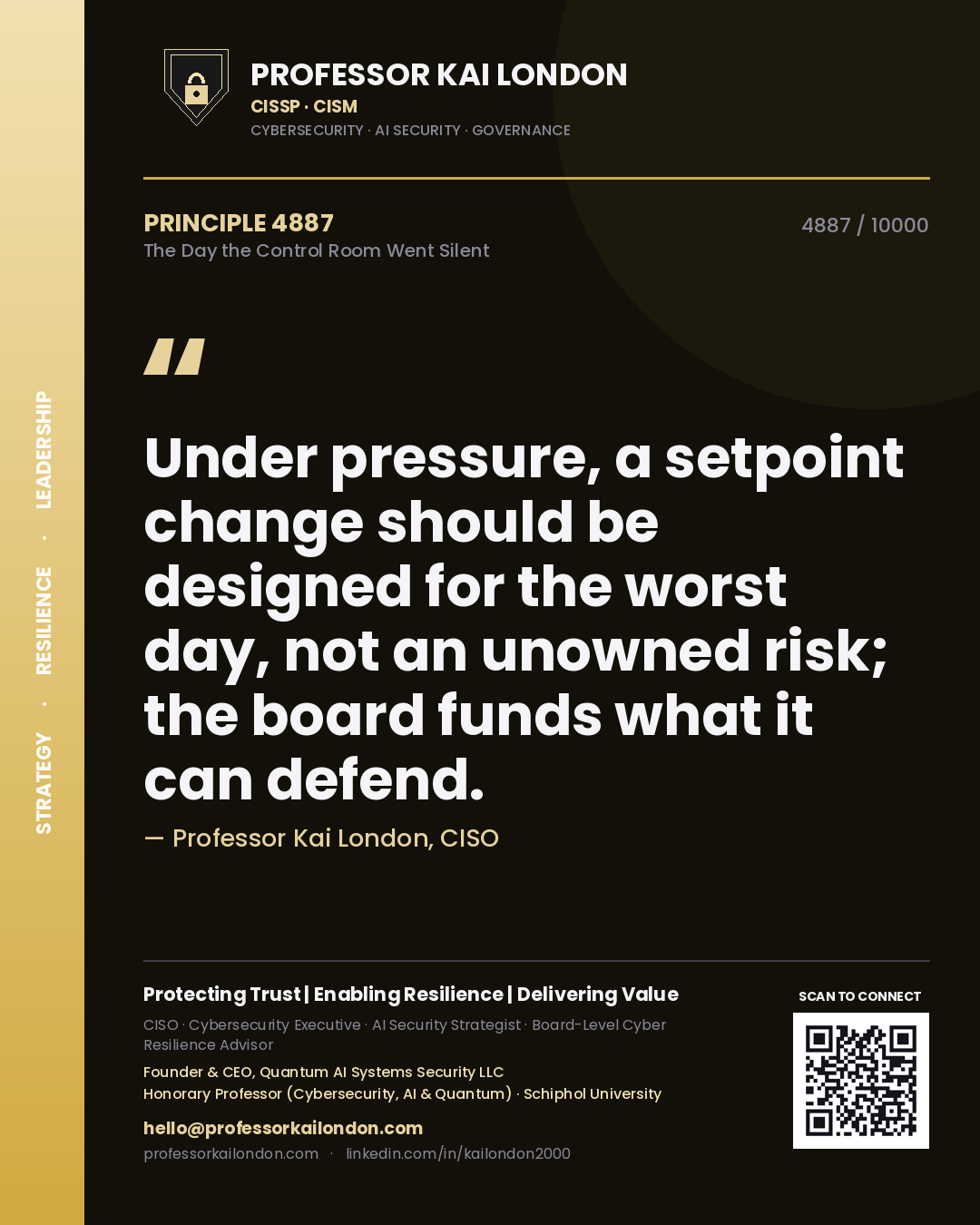 Quote card by Professor Kai London reading 'Under pressure, a setpoint change should be designed for the worst day, not an unowned risk; the board funds what it can defend.'. From the book The Day the Control Room Went Silent.