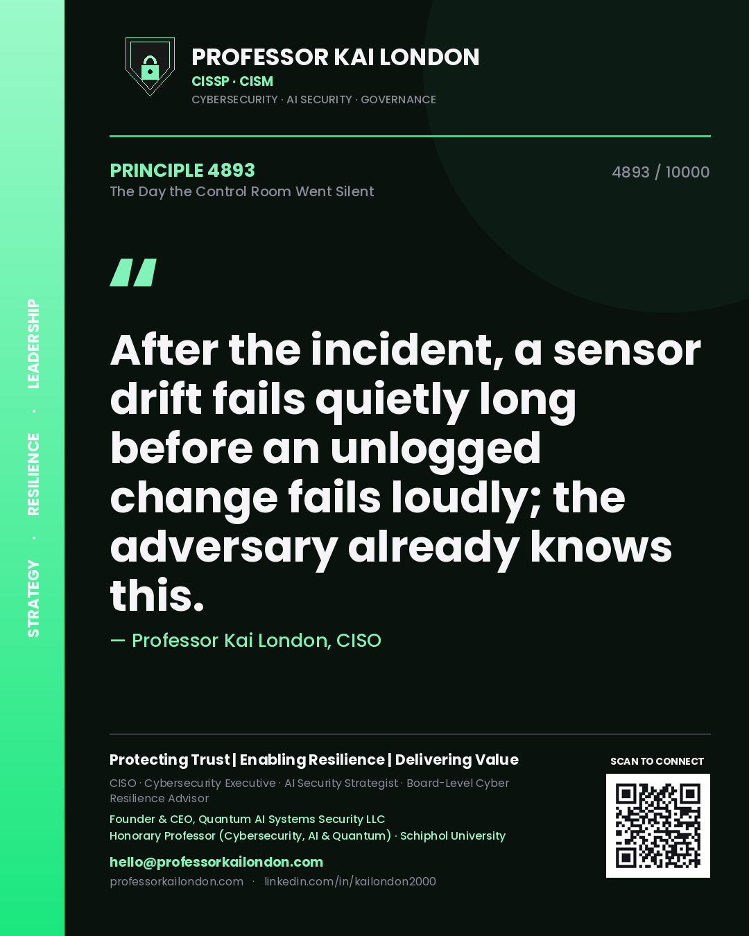 Professor Kai London principle 4893: After the incident, a sensor drift fails quietly long before an unlogged change fails loudly; the adversary already knows this.
