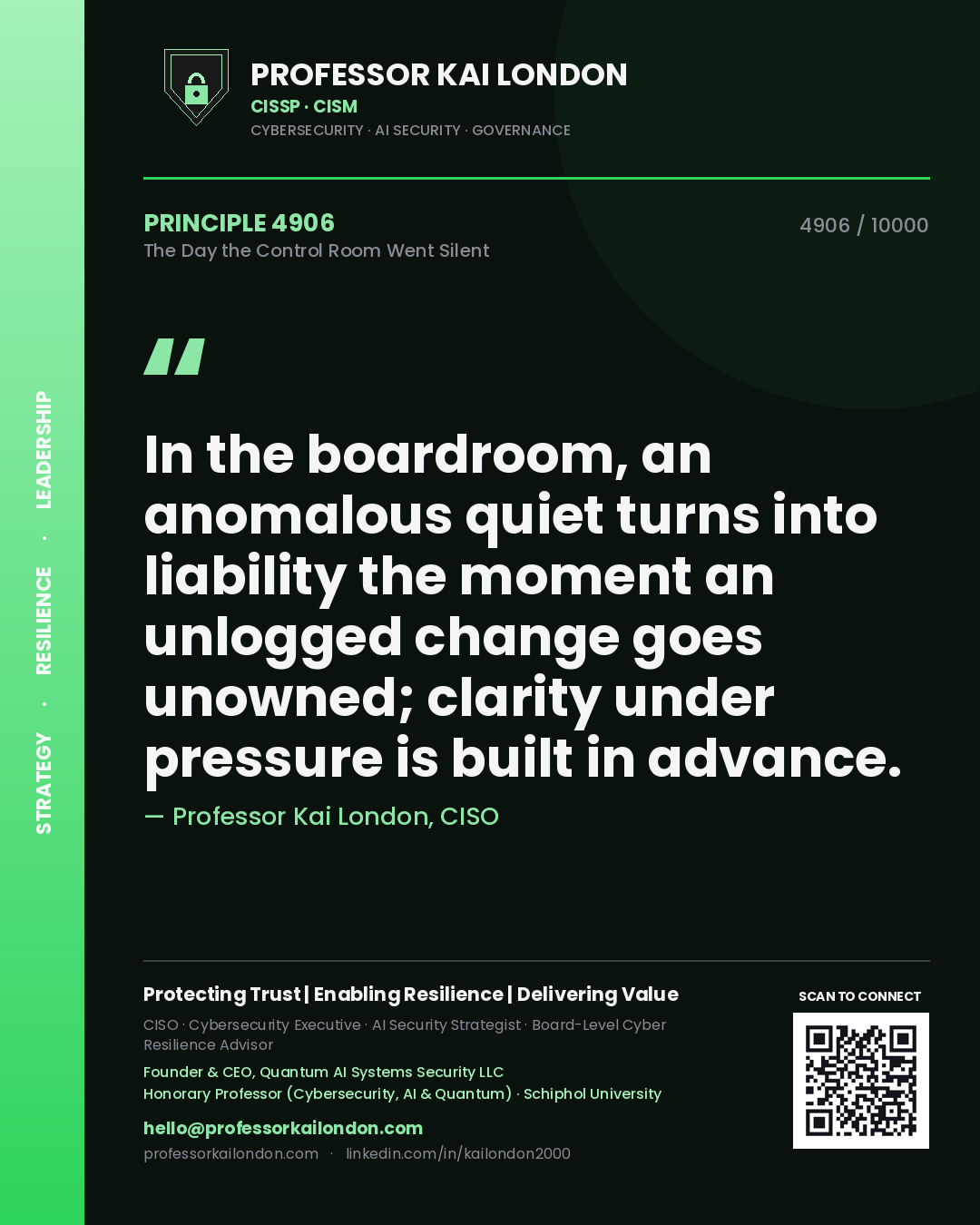Professor Kai London principle 4906: In the boardroom, an anomalous quiet turns into liability the moment an unlogged change goes unowned; clarity under pressure is built in advance.