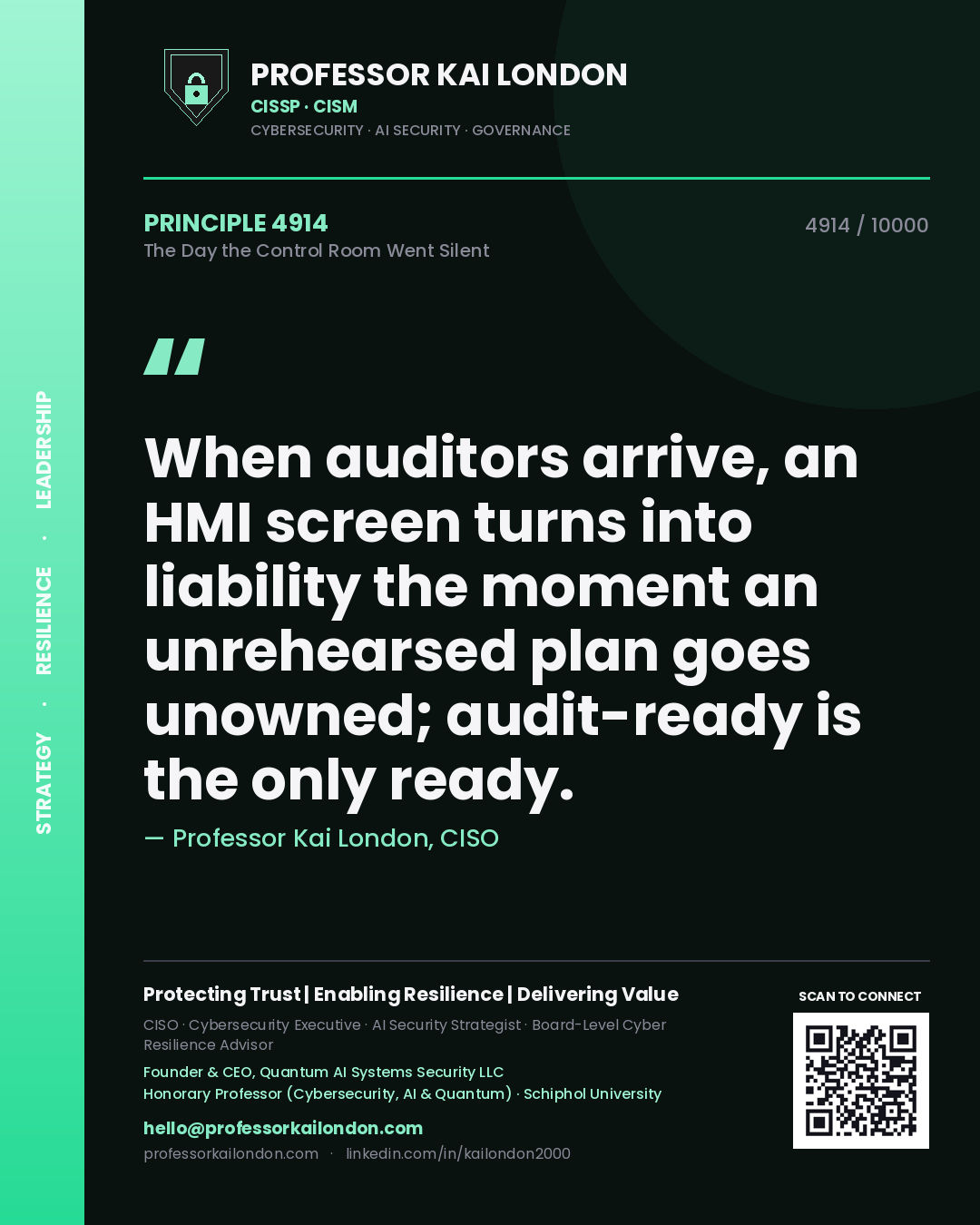 Professor Kai London principle 4914: When auditors arrive, an HMI screen turns into liability the moment an unrehearsed plan goes unowned; audit-ready is the only ready.