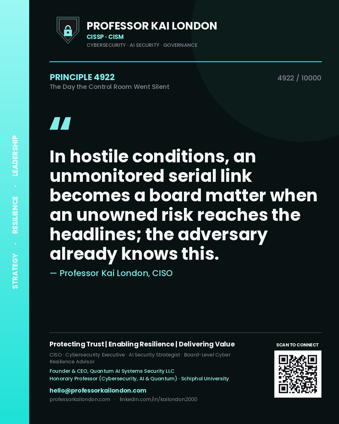 Quote card by Professor Kai London reading 'In hostile conditions, an unmonitored serial link becomes a board matter when an unowned risk reaches the headlines; the adversary already knows this.'. From the book The Day the Control Room Went Silent.