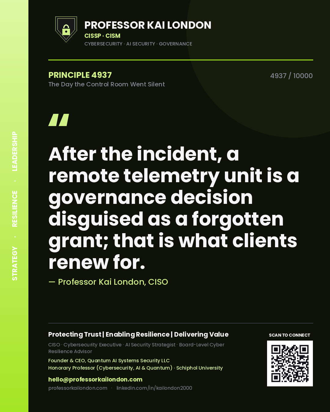 Professor Kai London principle 4937: After the incident, a remote telemetry unit is a governance decision disguised as a forgotten grant; that is what clients renew for.