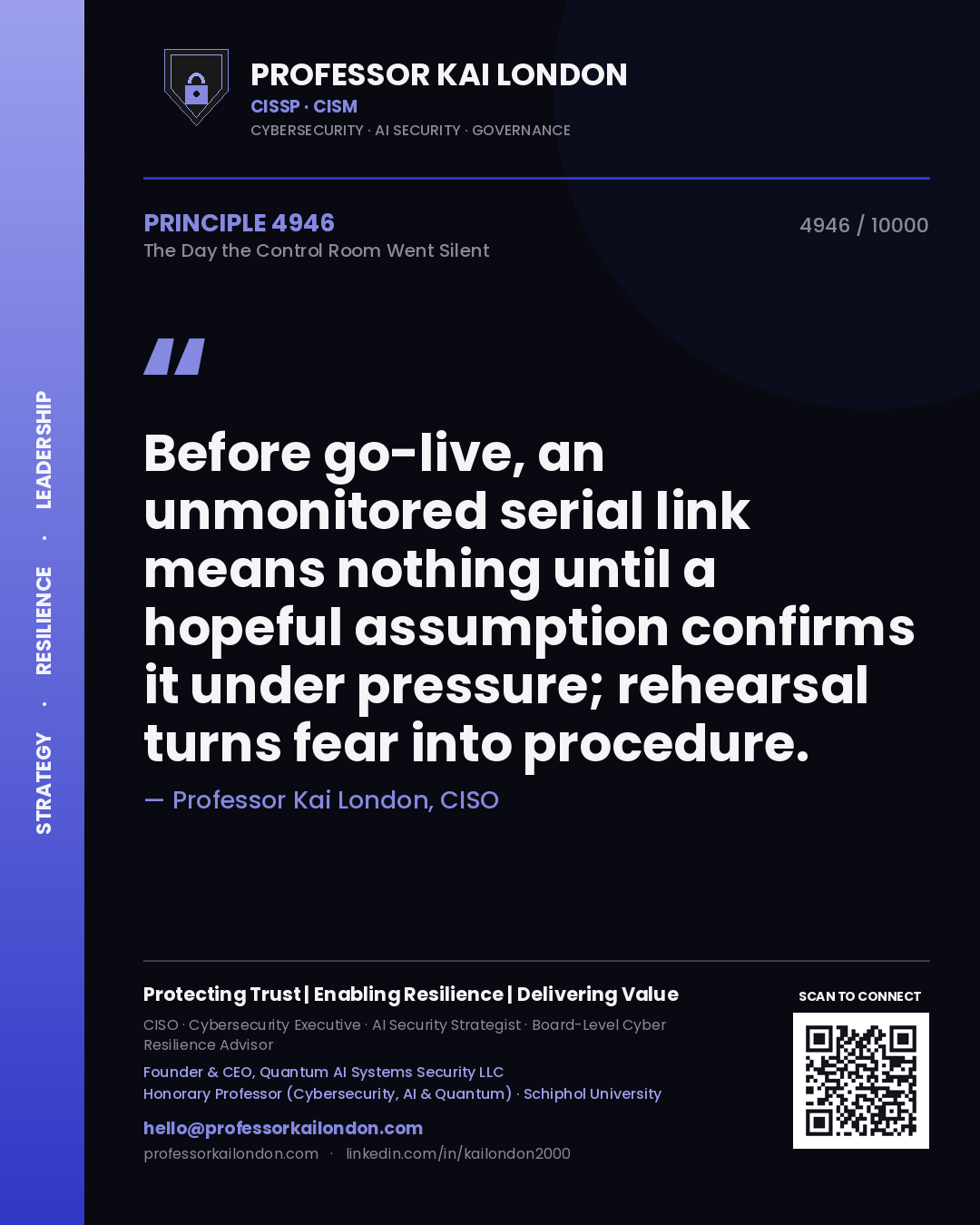 Professor Kai London principle 4946: Before go-live, an unmonitored serial link means nothing until a hopeful assumption confirms it under pressure; rehearsal turns fear into procedure.