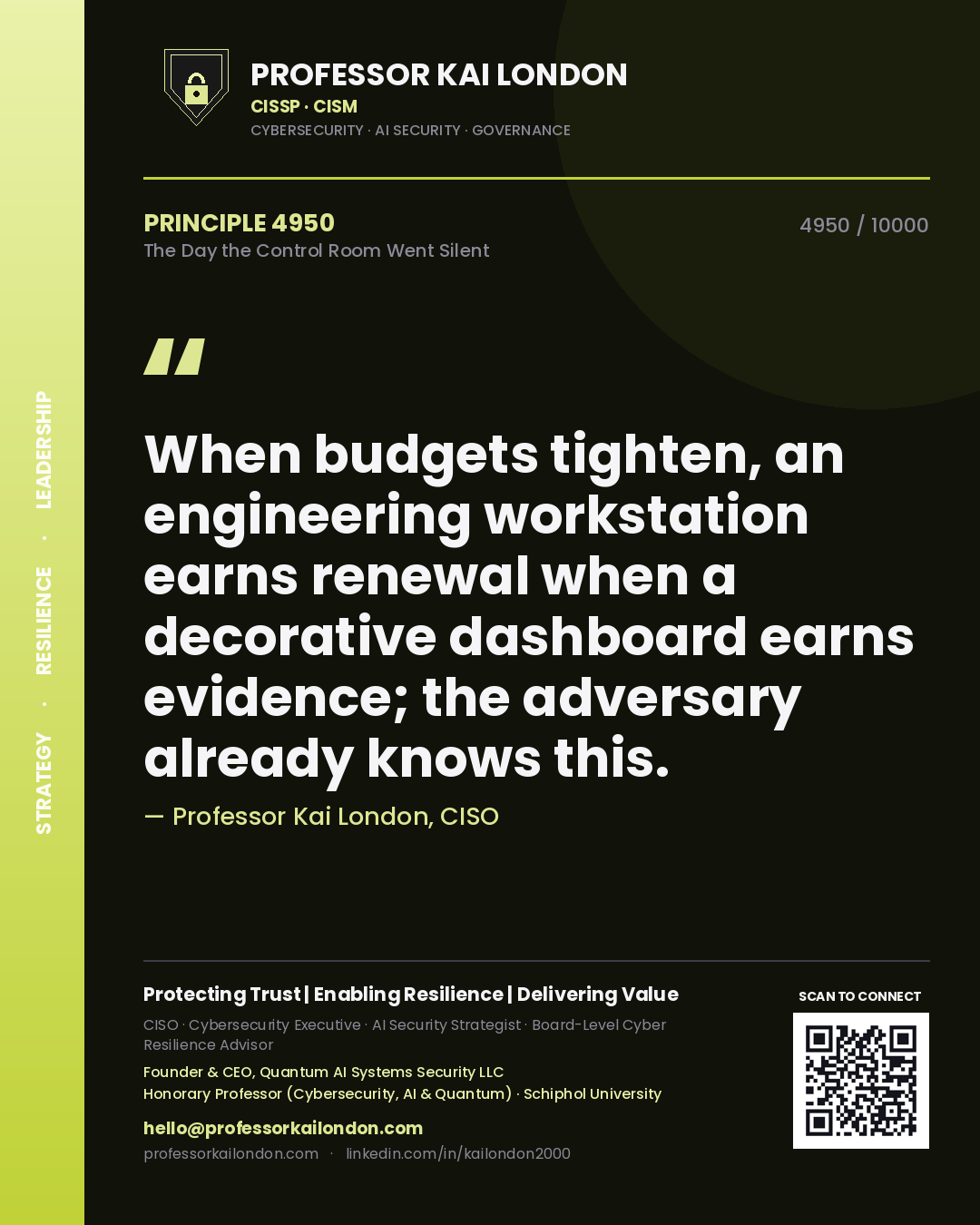 Professor Kai London principle 4950: When budgets tighten, an engineering workstation earns renewal when a decorative dashboard earns evidence; the adversary already knows this.