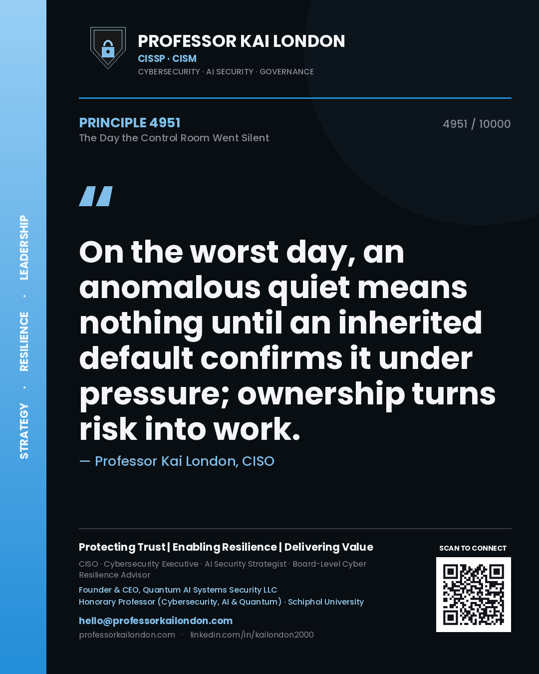 Professor Kai London principle 4951: On the worst day, an anomalous quiet means nothing until an inherited default confirms it under pressure; ownership turns risk into work.