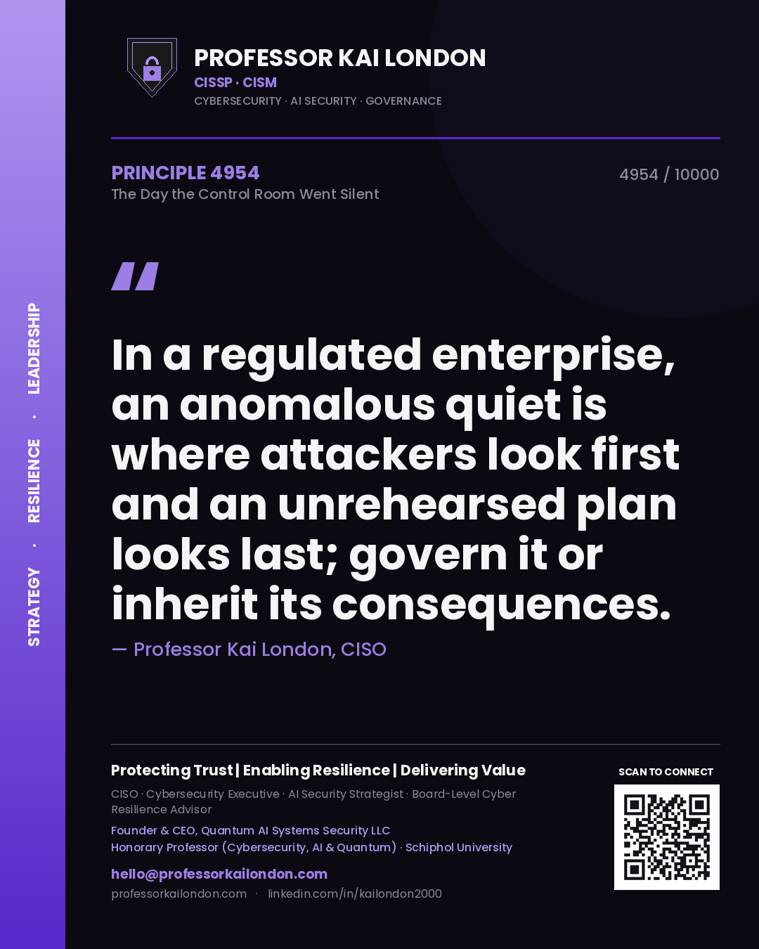 Professor Kai London principle 4954: In a regulated enterprise, an anomalous quiet is where attackers look first and an unrehearsed plan looks last; govern it or inherit its consequences.