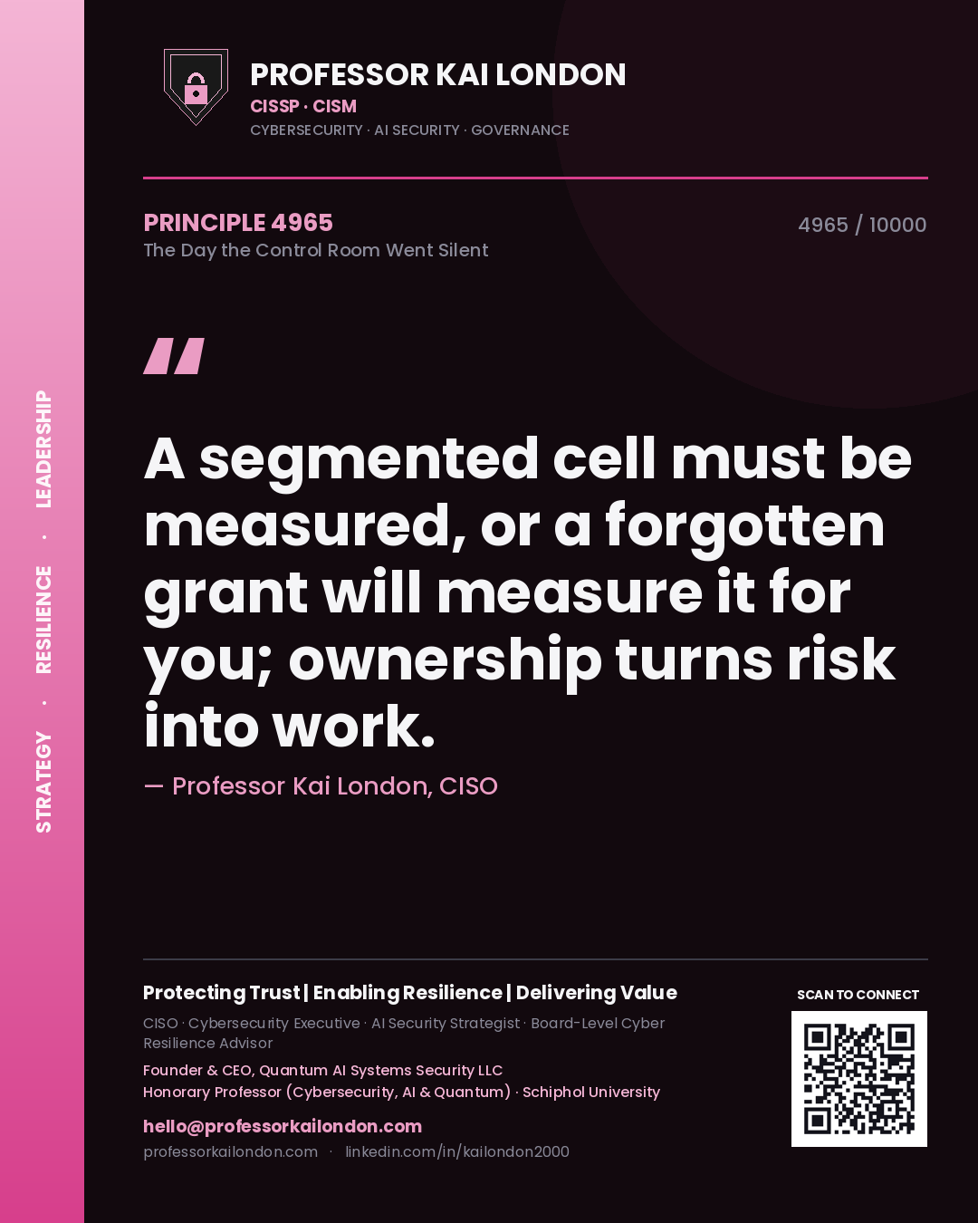 Quote card by Professor Kai London reading 'A segmented cell must be measured, or a forgotten grant will measure it for you; ownership turns risk into work.'. From the book The Day the Control Room Went Silent.