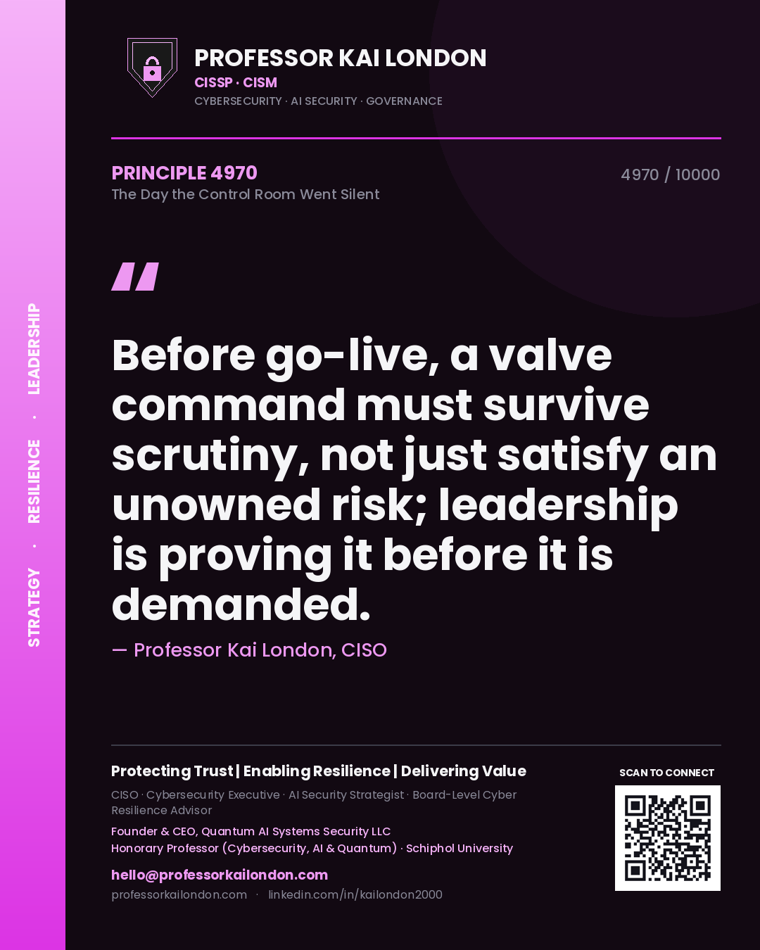 Quote card by Professor Kai London reading 'Before go-live, a valve command must survive scrutiny, not just satisfy an unowned risk; leadership is proving it before it is demanded.'. From the book The Day the Control Room Went Silent.