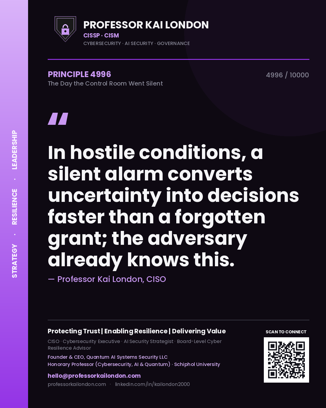 Quote card by Professor Kai London reading 'In hostile conditions, a silent alarm converts uncertainty into decisions faster than a forgotten grant; the adversary already knows this.'. From the book The Day the Control Room Went Silent.