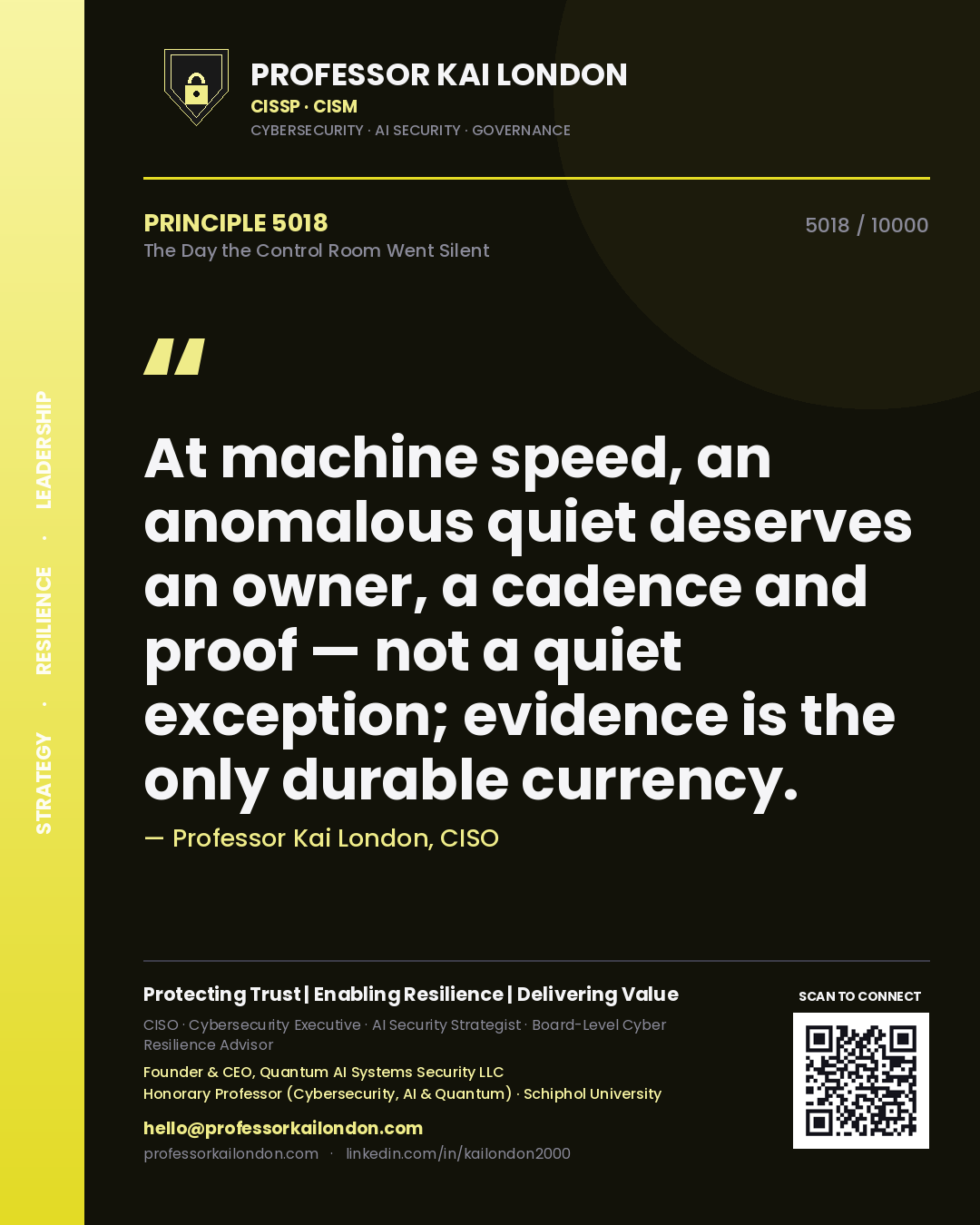 Professor Kai London principle 5018: At machine speed, an anomalous quiet deserves an owner, a cadence and proof — not a quiet exception; evidence is the only durable currency.