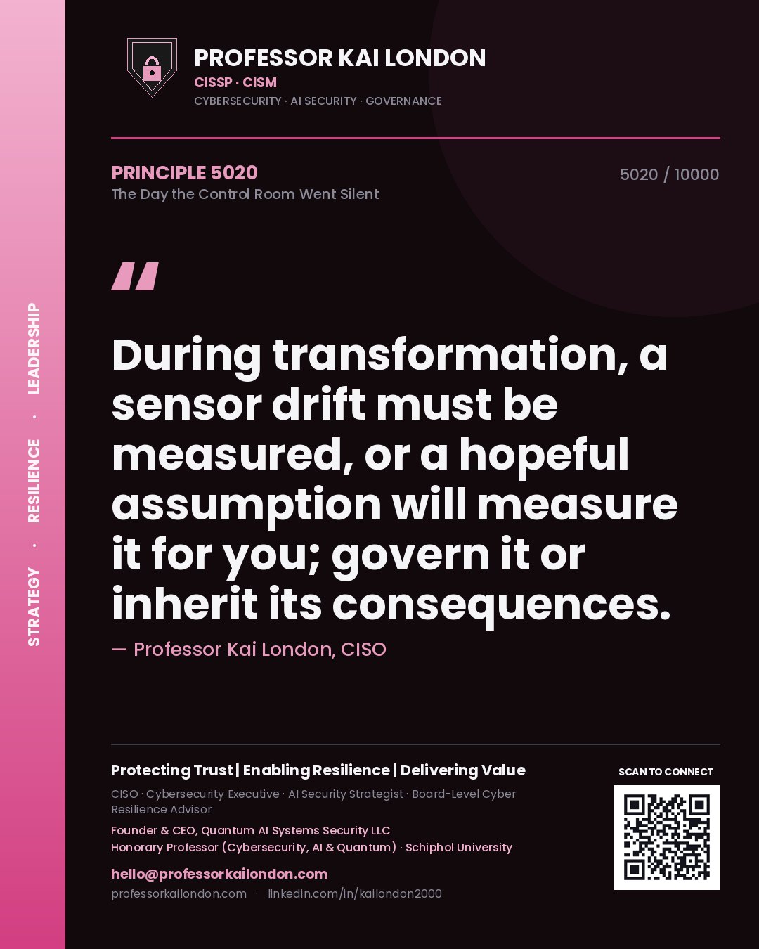 Quote card by Professor Kai London reading 'During transformation, a sensor drift must be measured, or a hopeful assumption will measure it for you; govern it or inherit its consequences.'. From the book The Day the Control Room Went Silent.