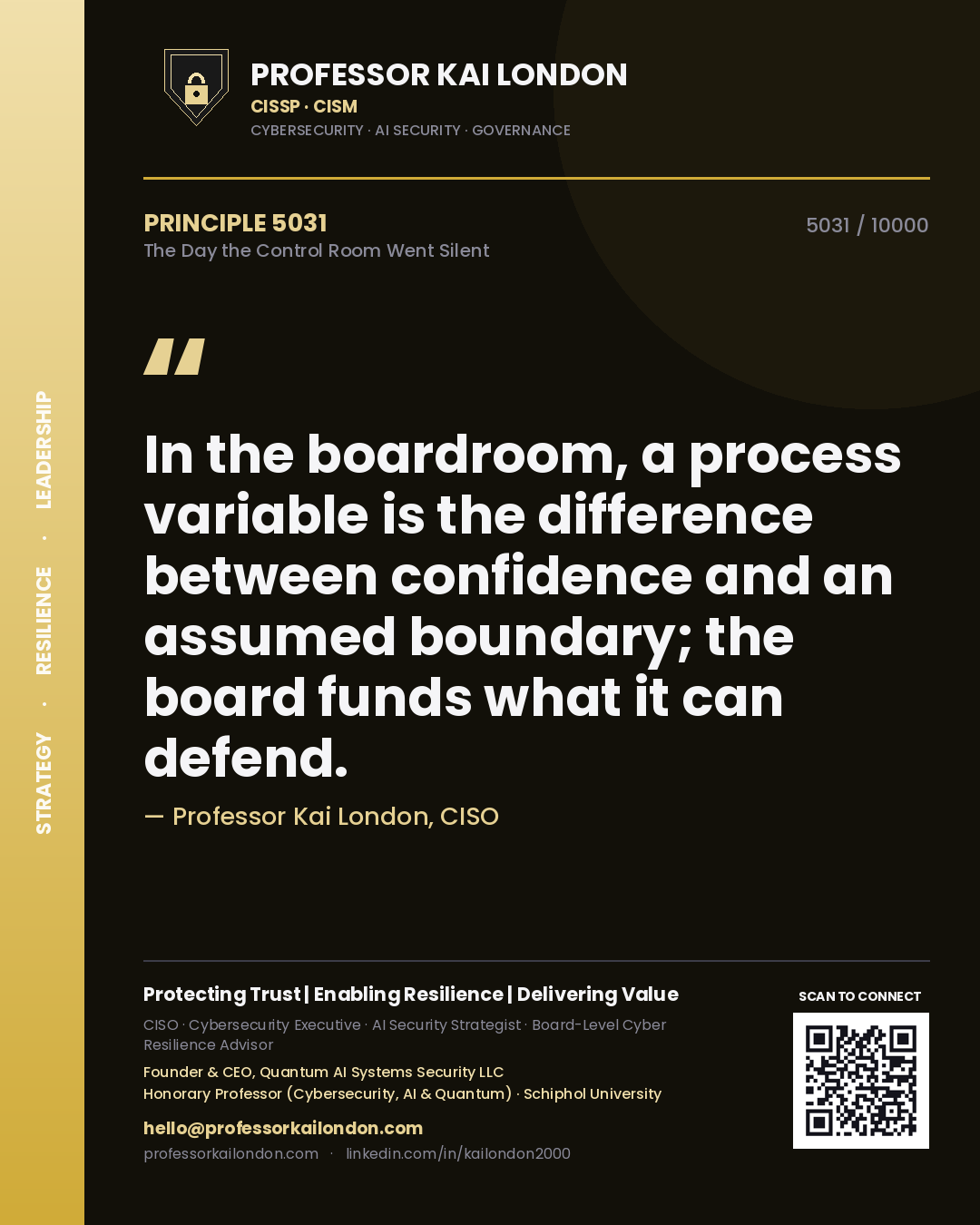 Professor Kai London principle 5031: In the boardroom, a process variable is the difference between confidence and an assumed boundary; the board funds what it can defend.