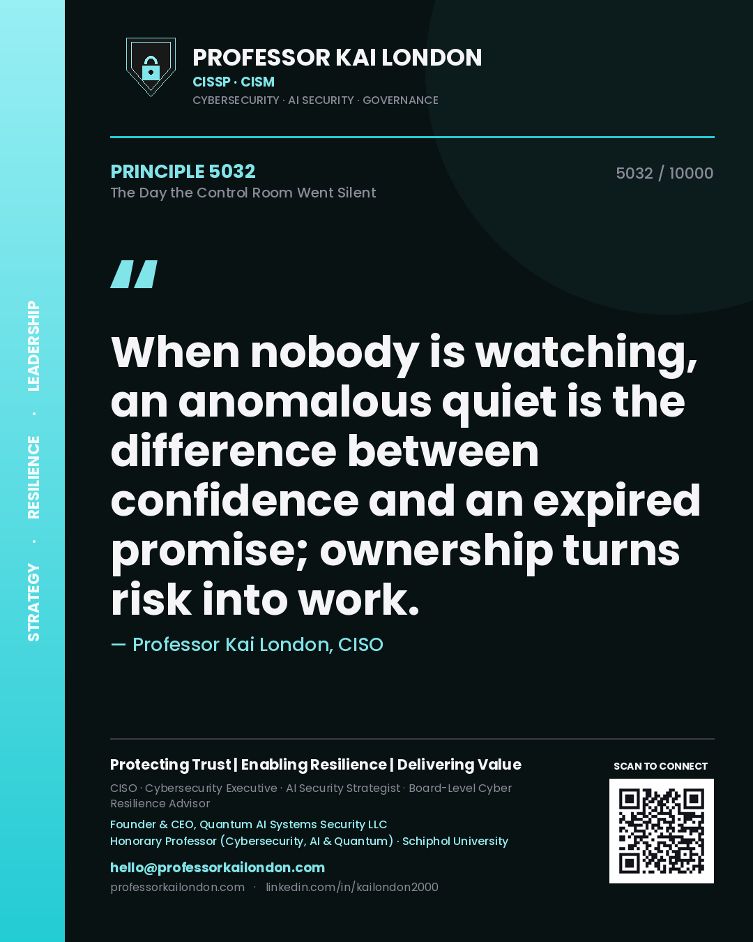 Professor Kai London principle 5032: When nobody is watching, an anomalous quiet is the difference between confidence and an expired promise; ownership turns risk into work.